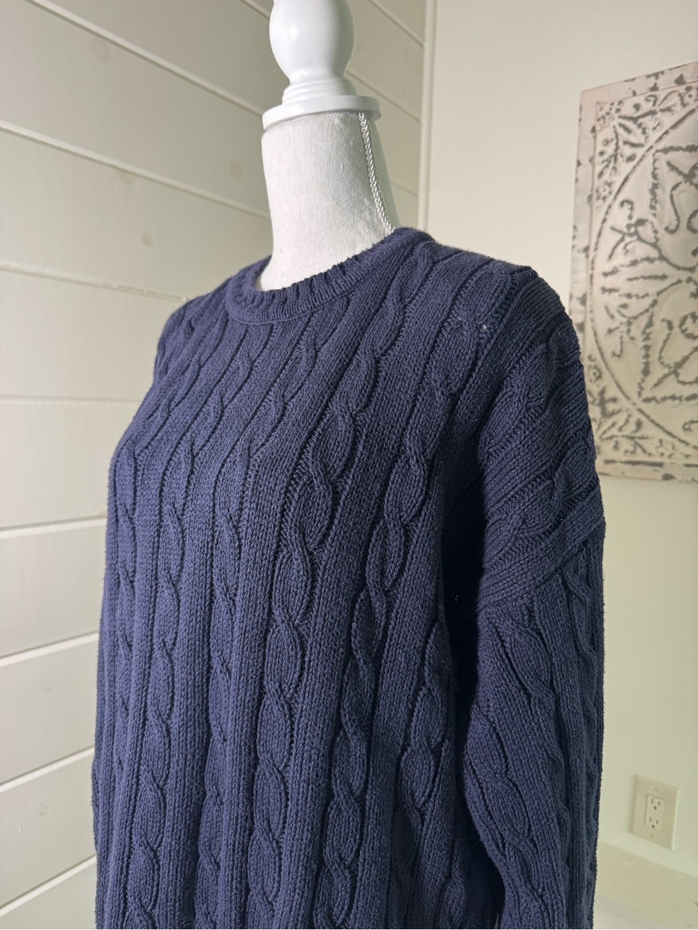 Vintage Tony Lambert Cable Knit Sweater Large Navy Blue 100% Cotton Made USA